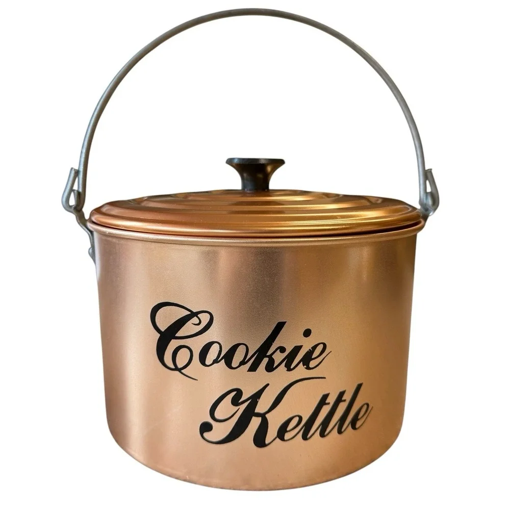 Vintage Copper Anodized Aluminum Cookie Kettle Canister Bail Handle Lid MCM GUC